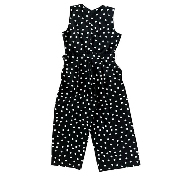 1990s Vintage Black White Polka Dot Jumpsuit Sz Small Sleeveless Wide Leg Belted - Picture 3 of 12
